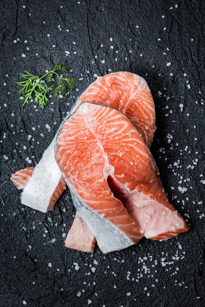 Fresh raw salmon prepared for frying — Stock Photo, Image