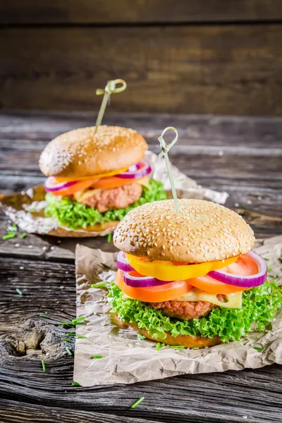 Closeup of two homemade hamburgers — Stock Photo, Image