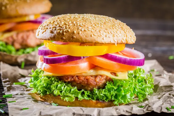 Closeup of tasty homemade hamburger — Stock Photo, Image