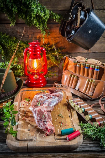 Fresh venison prepared for roasting in forester lodge — Stock Photo, Image