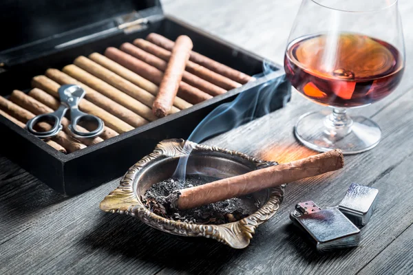 Aroma of cognac and cigar fuming — Stock Photo, Image