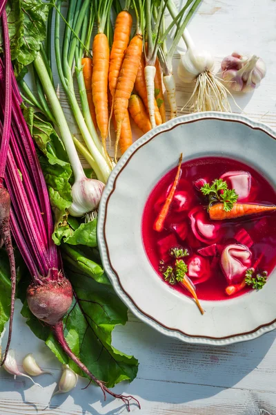 Beetroot soup with fresh vegetables — Stock Photo, Image
