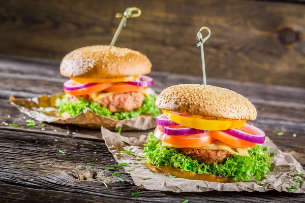Вкусные домашние два гамбургера — стоковое фото