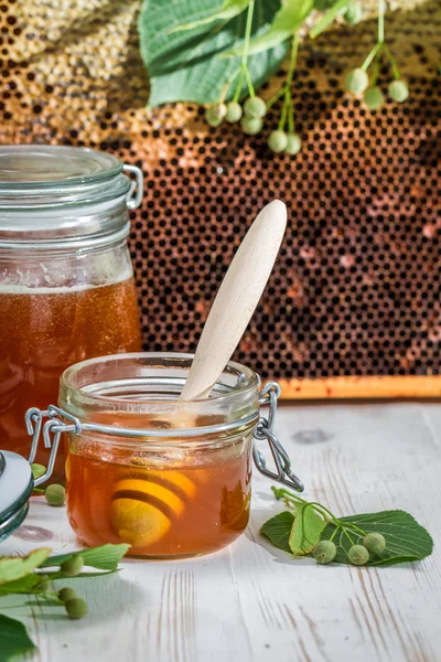 Jar とリンデン ツリーとハニカム蜂蜜 — ストック写真