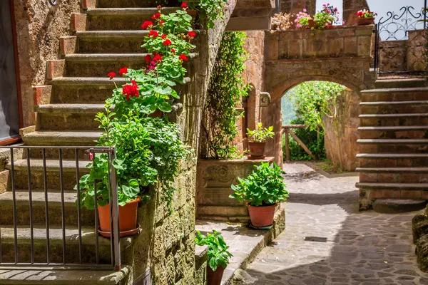 Oude stad vol van bloemrijke portieken in Toscane — Stockfoto
