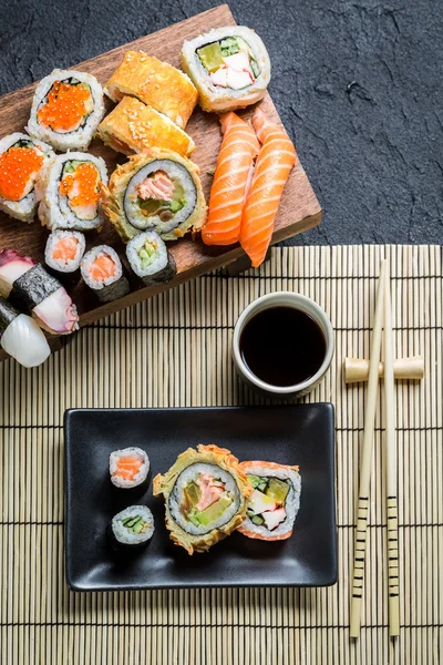 Sushi served with soy sauce — Stock Photo, Image
