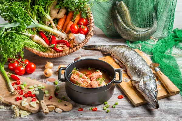 Fresh fish and vegetables for soup ingredients — Stock Image Fresh fish and vegetables for soup ingredients Stock Image