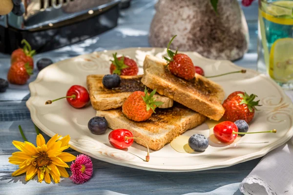 Nær ristet brød med frukt og honning servert i hagen – stockfoto