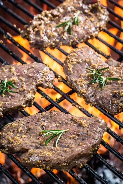Fresh cured steak on the grill with fire — Stock Photo, Image