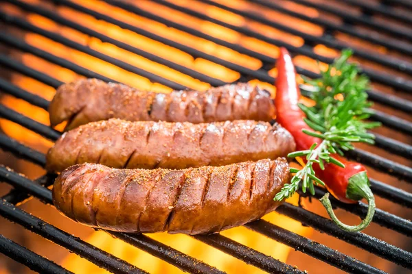 Heiße Wurst auf dem Grill mit Feuer — Stockfoto