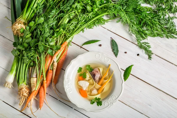Homemade broth with noodles and ingredients — Stock Photo, Image