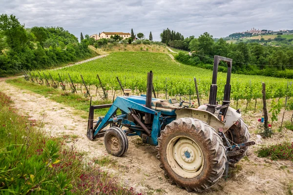 Pole s révou a starý traktor v Toskánsku — Stock fotografie
