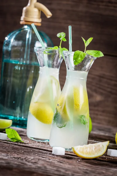 Bebida de limão com folha de hortelã e frutas cítricas — Fotografia de Stock