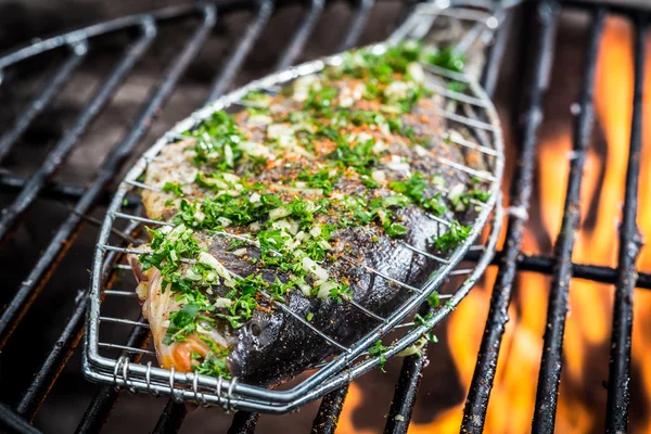 Gegrillter Fisch mit Gewürzen auf Feuer — Stockfoto