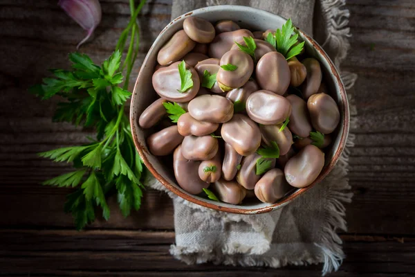 Tasty Boiled Broad Beans Garlic Parsley Summer Bowl Full Broad — Stock Photo, Image