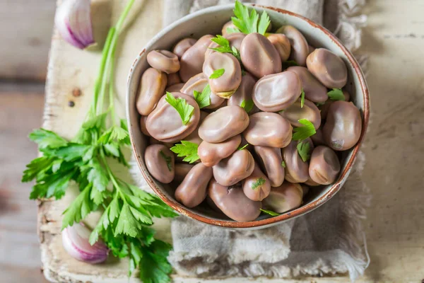 Delicious Boiled Broad Beans Garlic Parsley Summer Bowl Full Broad — Stock Photo, Image