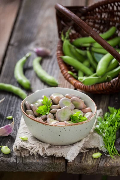 Köstliche Saubohnen Mit Knoblauch Gekocht Gesunder Landsnack Gekochte Saubohnen Garten — Stockfoto