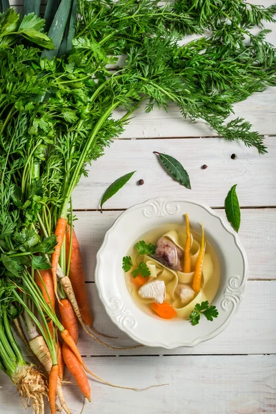 Homemade broth with noodles and ingredients — Stock Photo, Image