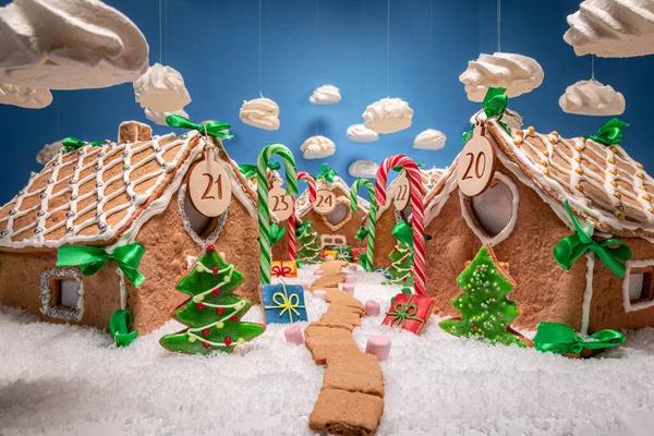 Gorgeous Christmas Gingerbread Village Cookies Meringue Clouds Gingerbread Village Christmas — Stock Photo, Image