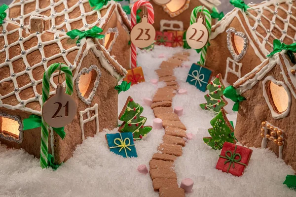 Unique Gingerbread Cottages Christmas Lights Stars Gingerbread Village Christmas — Stock Photo, Image