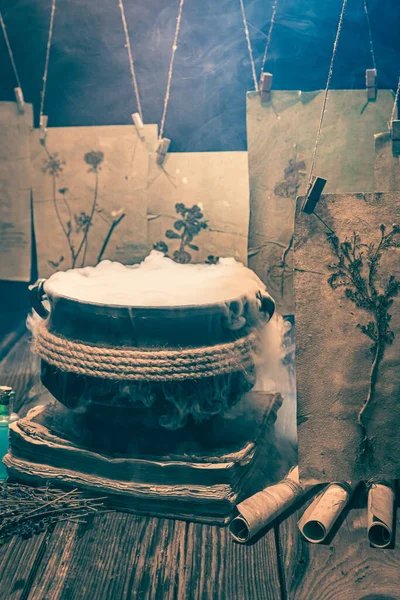 Cadılar Bayramı Için Kurutulmuş Bitki Kartlarıyla Korkunç Cadı Kazanı Cadılar — Stok fotoğraf