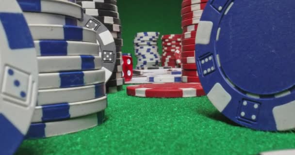 Green table and texas holdem. Poker with chips and cards. — Stock Video