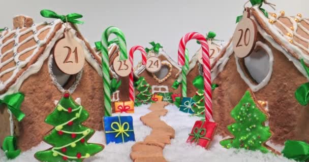 Pepparkaksbyn till jul. Pepparkaksstuga med kakor och godis. — Stockvideo