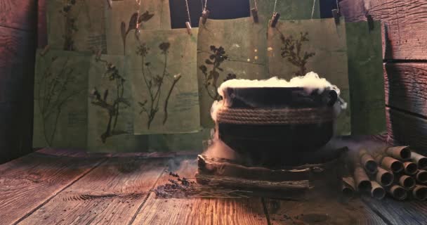 Strange smoke flowing from witches cauldron for Halloween. — Stock Video