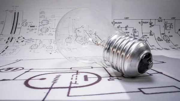 Closeup Light Bulb Diagrams Fuses Cables Old Fashioned Crafts — Stock Photo, Image