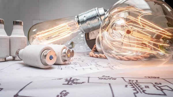 Edison Light Bulb Cables Fuses Diagrams Old Fashioned Crafts — Stock Photo, Image