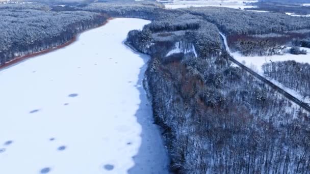 Fryst sjö, skog och väg på vintern — Stockvideo