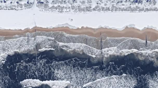 Χιονάτη παραλία στη Βαλτική Θάλασσα το χειμώνα. Αεροφωτογραφία, Πολωνία — Αρχείο Βίντεο