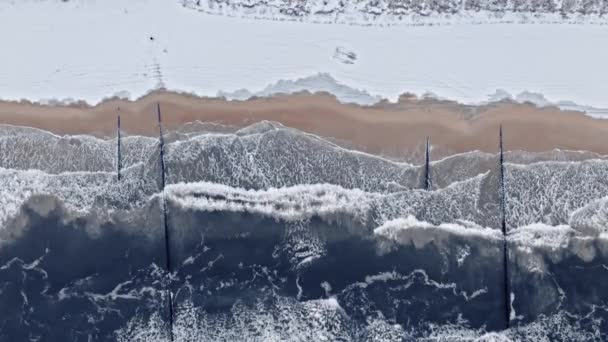 Man på snöig strand på vintern vid Östersjön. — Stockvideo