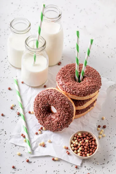 Homemade Chocolate Donuts Popular Snack Best Tastes Milk Donates Best — Stock Photo, Image