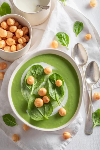 Sopa Espinafre Verde Como Dieta Perfeita Primavera Saudável Sopa Vegan — Fotografia de Stock