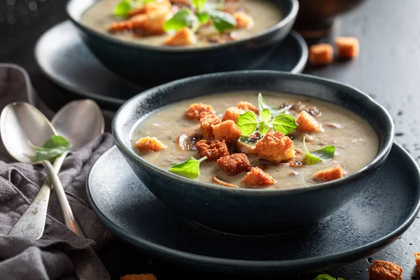 Sopa Cogumelos Cremosa Como Entrada Aromática Quente Sopa Champinhons Feita — Fotografia de Stock