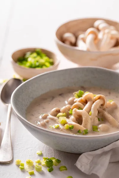 Kremalı Soğanlı Vegan Shimeji Mantarı Çorbası Frenk Soğanlı Japon Mantar — Stok fotoğraf