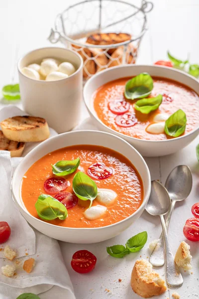 Sopa Tomate Cremosa Vegan Com Queijo Mussarela Crostini Sopa Tomate — Fotografia de Stock