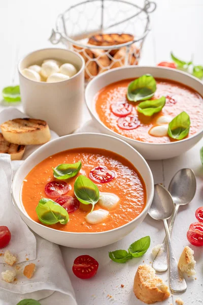 Vegan Creamy Tomato Soup Mozzarella Cheese Crostini Tomato Soup Served — Stock Photo, Image