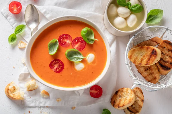 Sopa Tomate Cremosa Saudável Como Aperitivo Saudável Picante Sopa Tomate — Fotografia de Stock