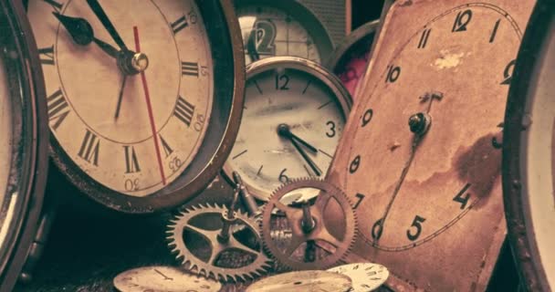 Retro watchmakers workshop with spare parts and broken clocks — Wideo stockowe