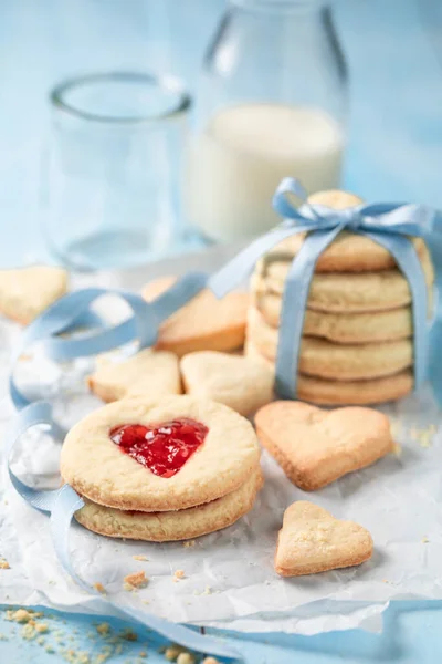 Sweet Valentine Cookies Made Jam Milk Shortbread Valentine Day Shape – stockfoto