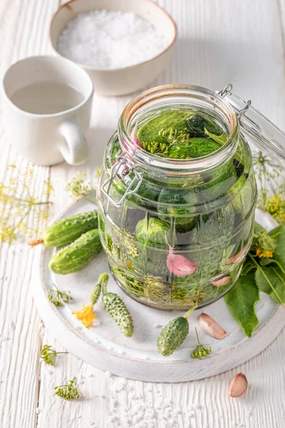 Healthy Gherkins Garlic Horseradish Dill Pickling Cucumbers Home — Stock Photo, Image