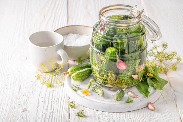 Pickled cucumbers made of vegetables from backyard greenhouse. Pickling cucumbers at home.