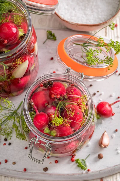 Preparation Pickled Radishes Garlic Allspice Dill Pickling Radish Home — Stock Photo, Image