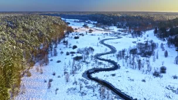 Luchtfoto van de winter. Snowy rivier na whiteout in de winter. — Stockvideo