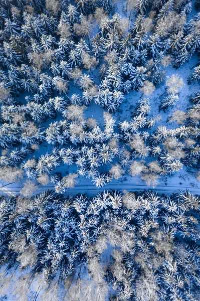 눈덮인 통과하는 도로를 공중에서 내려다본 폴란드의 — 스톡 사진