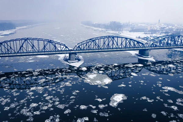 Vista Aérea Del Río Con Témpano Puente Arriba Bydgoszcz Polonia — Foto de Stock