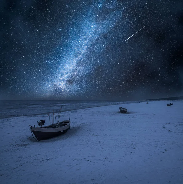 Milky Way Falling Stars Boats Baltic Sea Baltic Sea Winter — Stock Photo, Image