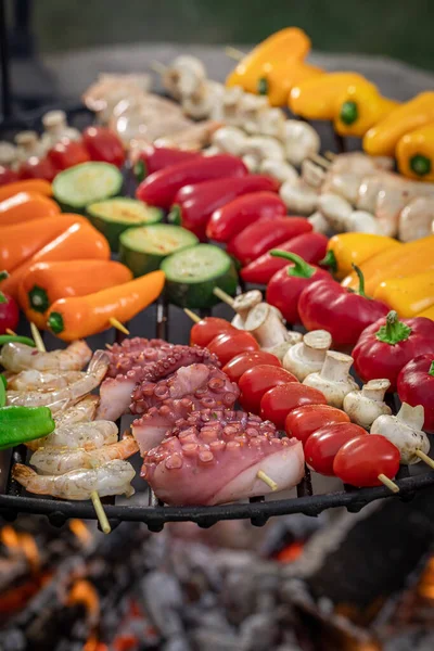 Lecker Und Gesund Gegrilltes Schaschlik Auf Grillrost Mit Feuer Gegrillte — Stockfoto